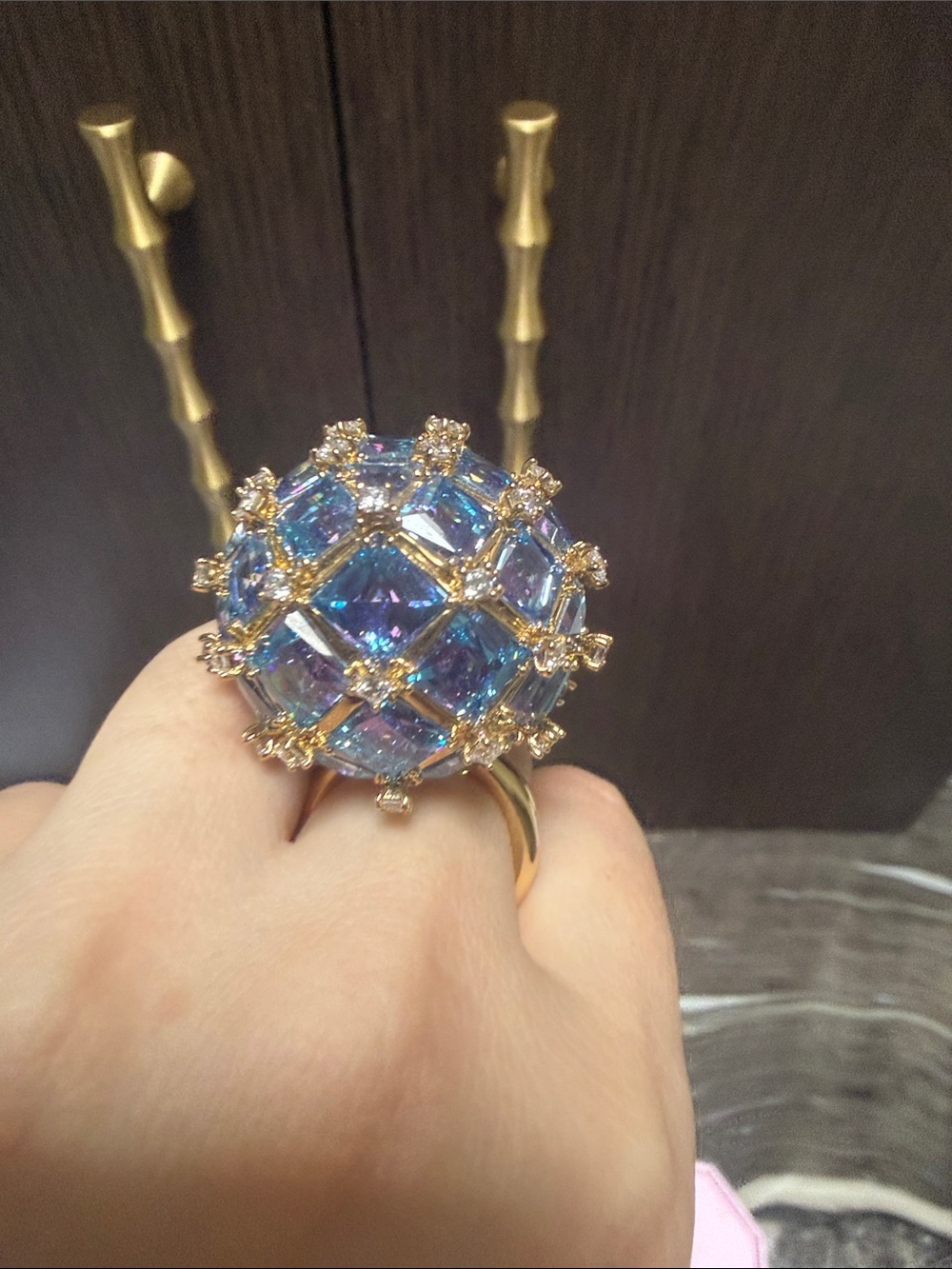 Swarovski Gold Ring with Iridescent Blue-Purple Crystal Dome - Picture 9 of 17